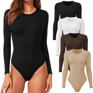 Women's 4 Pack Black White Nude Coffee Long Sleeve Bodysuit Round Crew Neck Tops